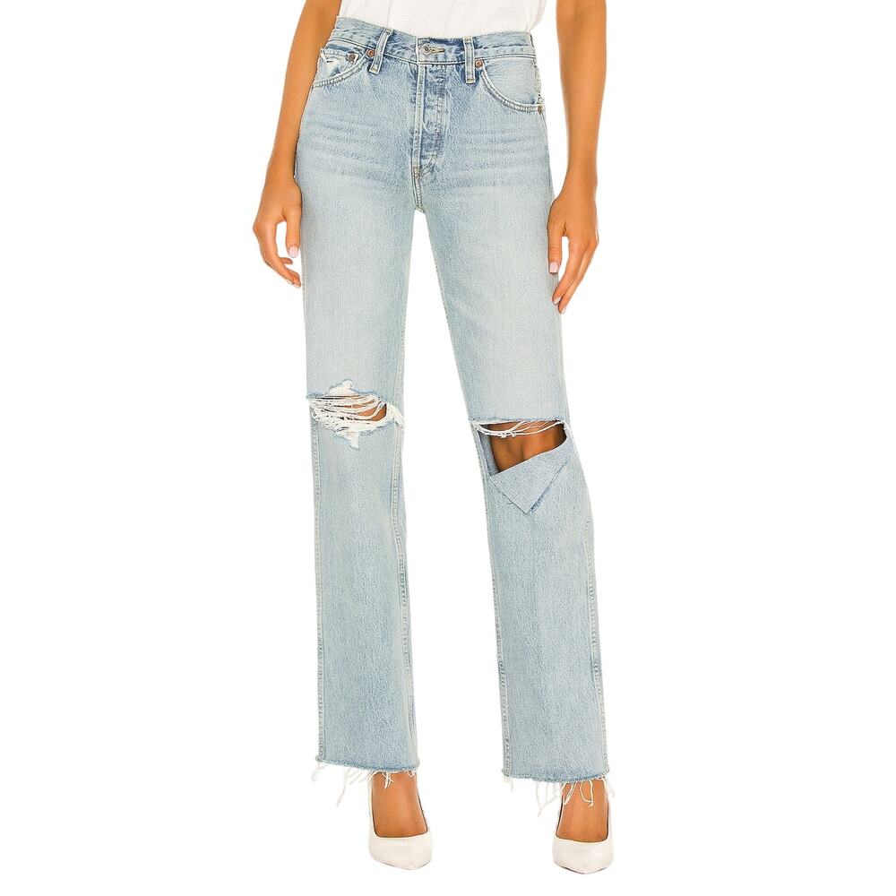 Re/Done Distressed Breezy Indigo With Rips 90s High Rise Loose Denim Jeans Size